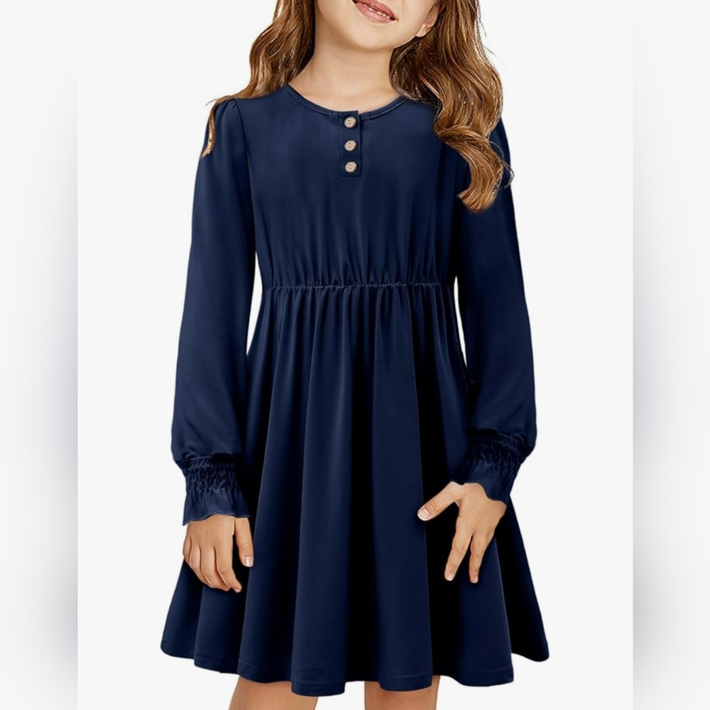 Navy Blue Long Sleeve Kids Dress